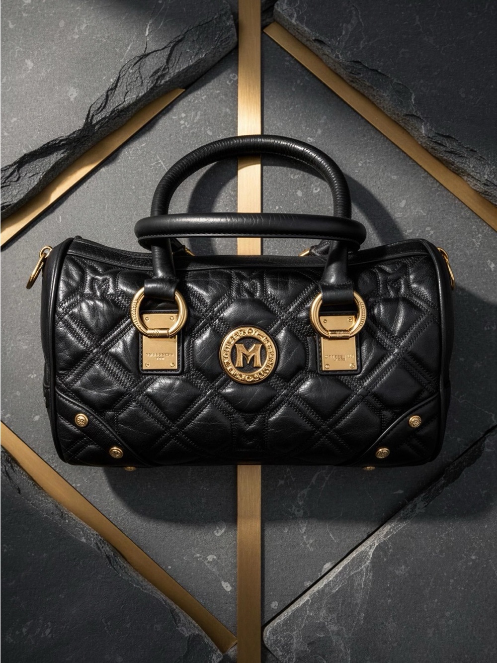 MetroCity Black Quilted Leather Satchel with Gold Accents